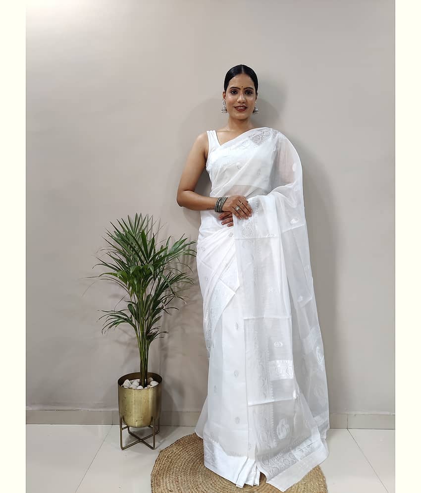 Apnisha Banarasi Silk Embellished Saree With Unstitched Blouse Piece ( White ) - Sarees | Buy online on ZillyBuy