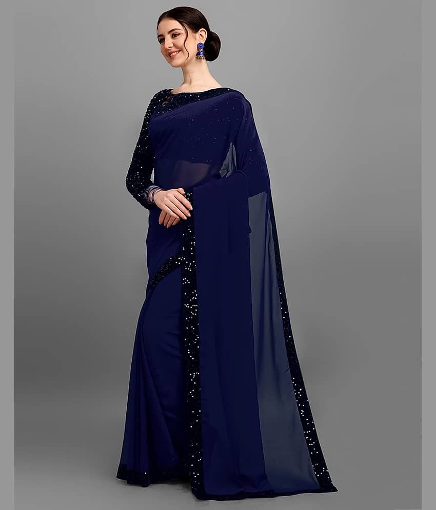 Apnisha Banarasi Silk Embellished Saree With Unstitched Blouse Piece ( Navy Blue ) - Sarees | Buy online on ZillyBuy