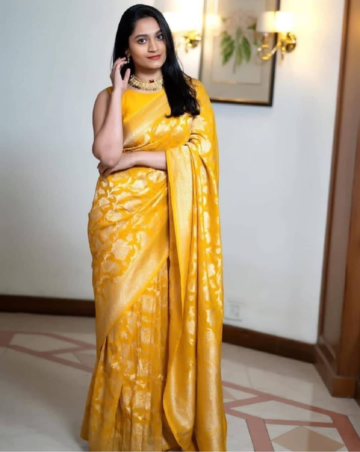 Apnisha Banarasi Silk Embellished Saree With Unstitched Blouse Piece ( Yellow ) Apnisha Banarasi Silk Embellished Saree With Unstitched Blouse Piece ( Yellow )