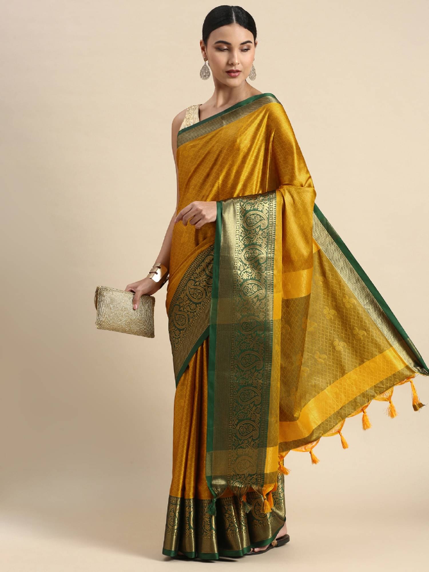 Apnisha Jacquard Embellished Saree With Unstitched Blouse Piece ( Mustard ) Apnisha Jacquard Embellished Saree With Unstitched Blouse Piece ( Mustard )