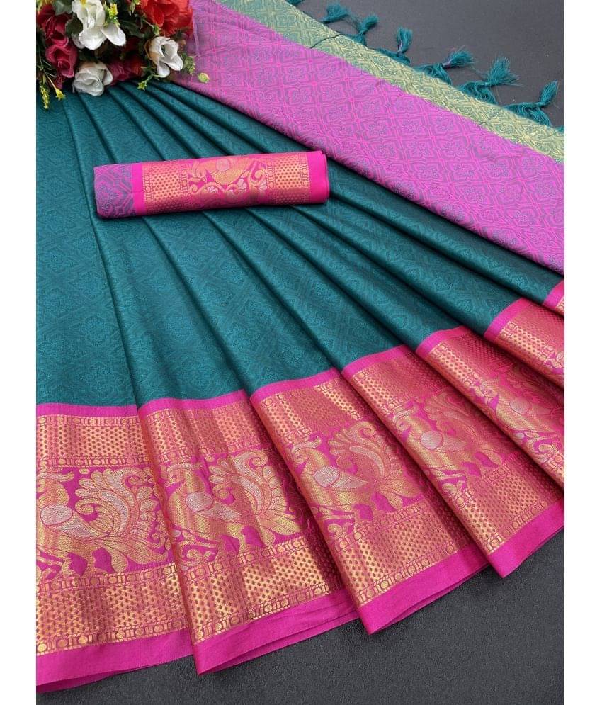 Apnisha Jacquard Embellished Saree With Unstitched Blouse Piece ( Rama ) Apnisha Jacquard Embellished Saree With Unstitched Blouse Piece ( Rama )