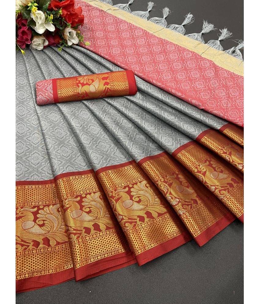 Apnisha Jacquard Embellished Saree With Unstitched Blouse Piece ( Grey ) Apnisha Jacquard Embellished Saree With Unstitched Blouse Piece ( Grey )