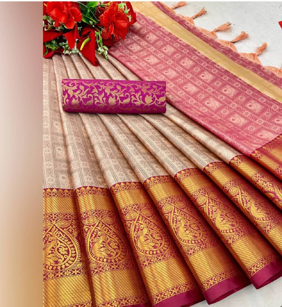 Apnisha Silk Embellished Saree With Unstitched Blouse Piece ( Peach ) Apnisha Silk Embellished Saree With Unstitched Blouse Piece ( Peach )