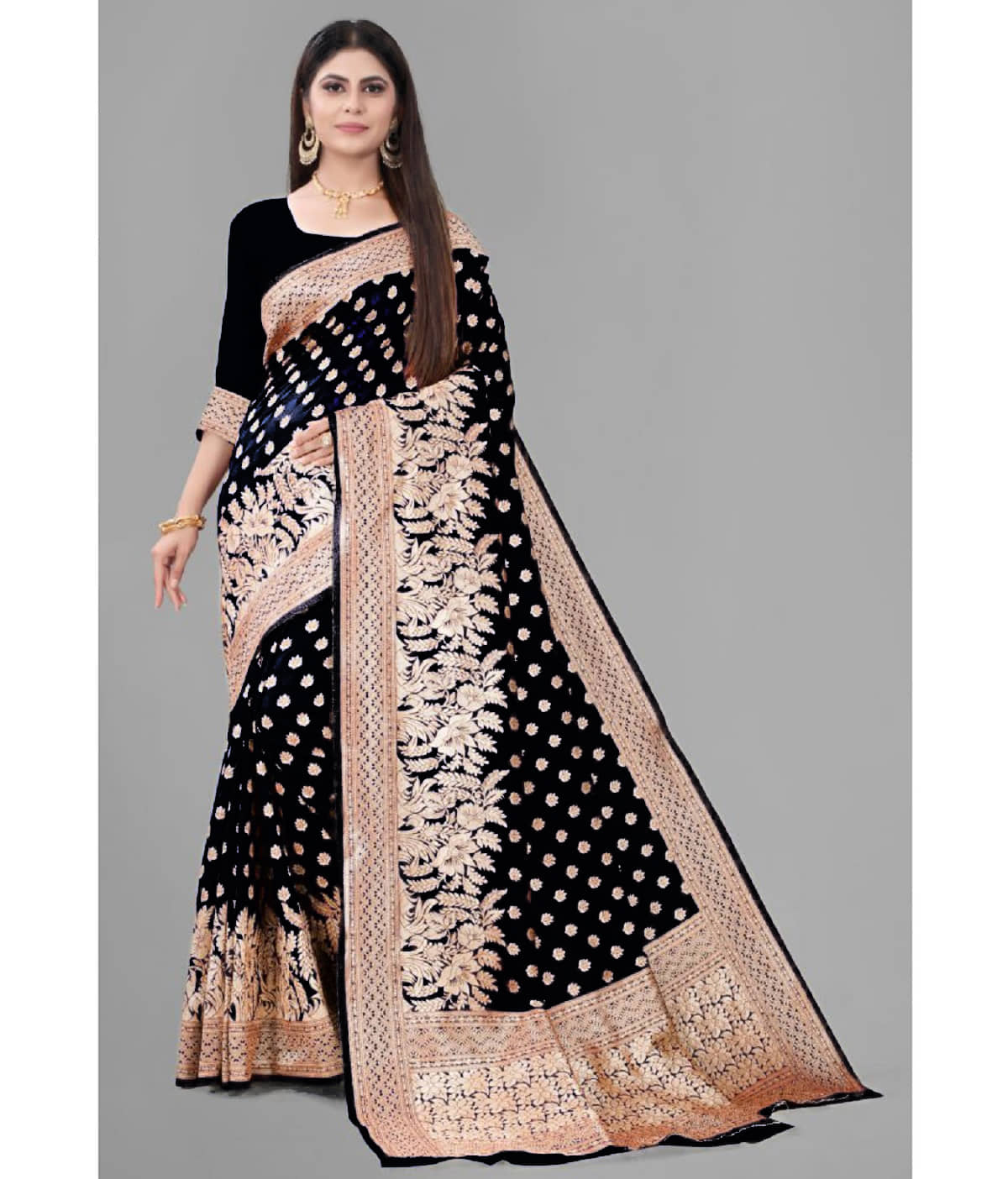 Gazal Fashions Banarasi Silk Embellished Saree With Unstitched Blouse Piece ( Black,Beige ) - Sarees | Buy online on ZillyBuy