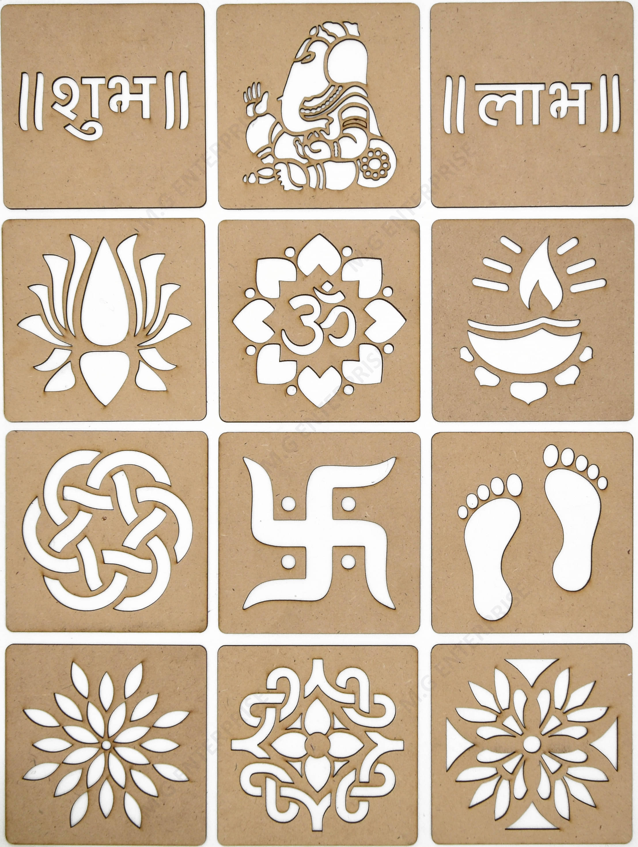     			M.G ENTERPRISE DIY MDF Wood Organic Rangoli Stencils For Floor and Wall G-1 Set of 12 pc (4 in x 4 in)
