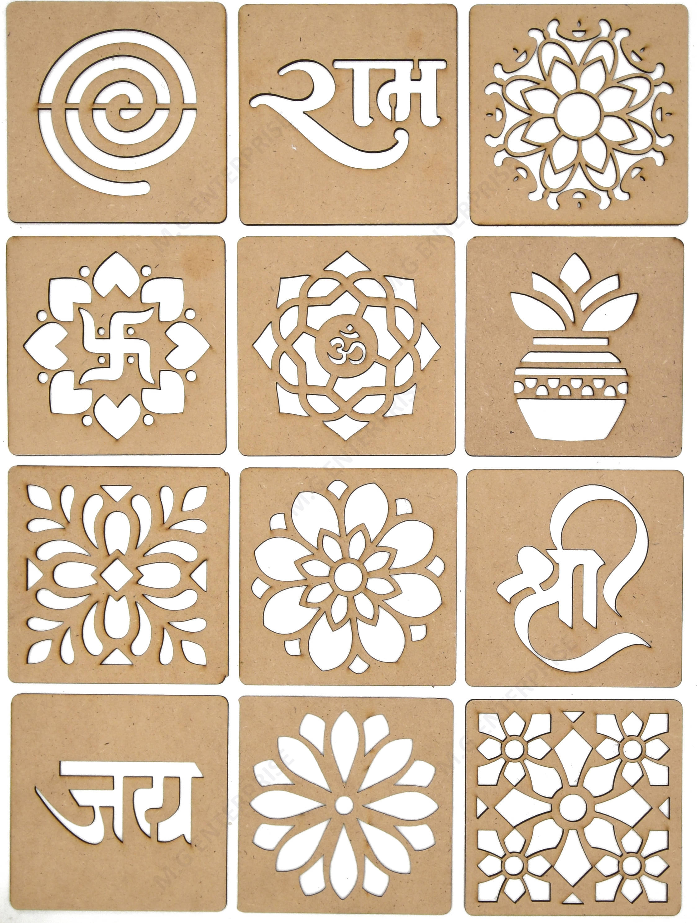     			M.G ENTERPRISE DIY MDF Wood Organic Rangoli Stencils For Floor and Wall R-1 Set of 12 pc (4 in x 4 in)