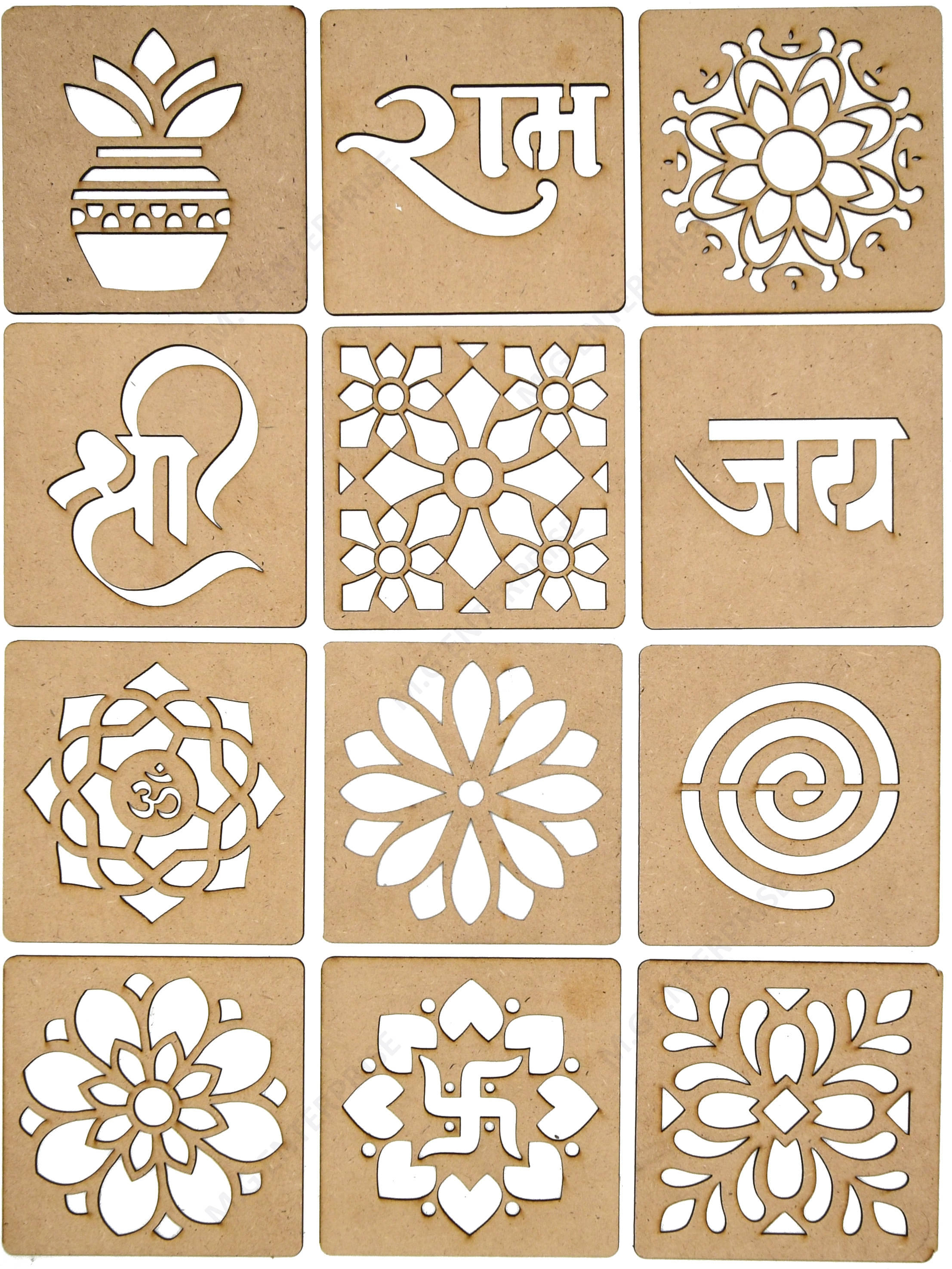     			M.G ENTERPRISE DIY MDF Wood Organic Rangoli Stencils For Floor and Wall R-1 Set of 12 pc (4 in x 4 in)