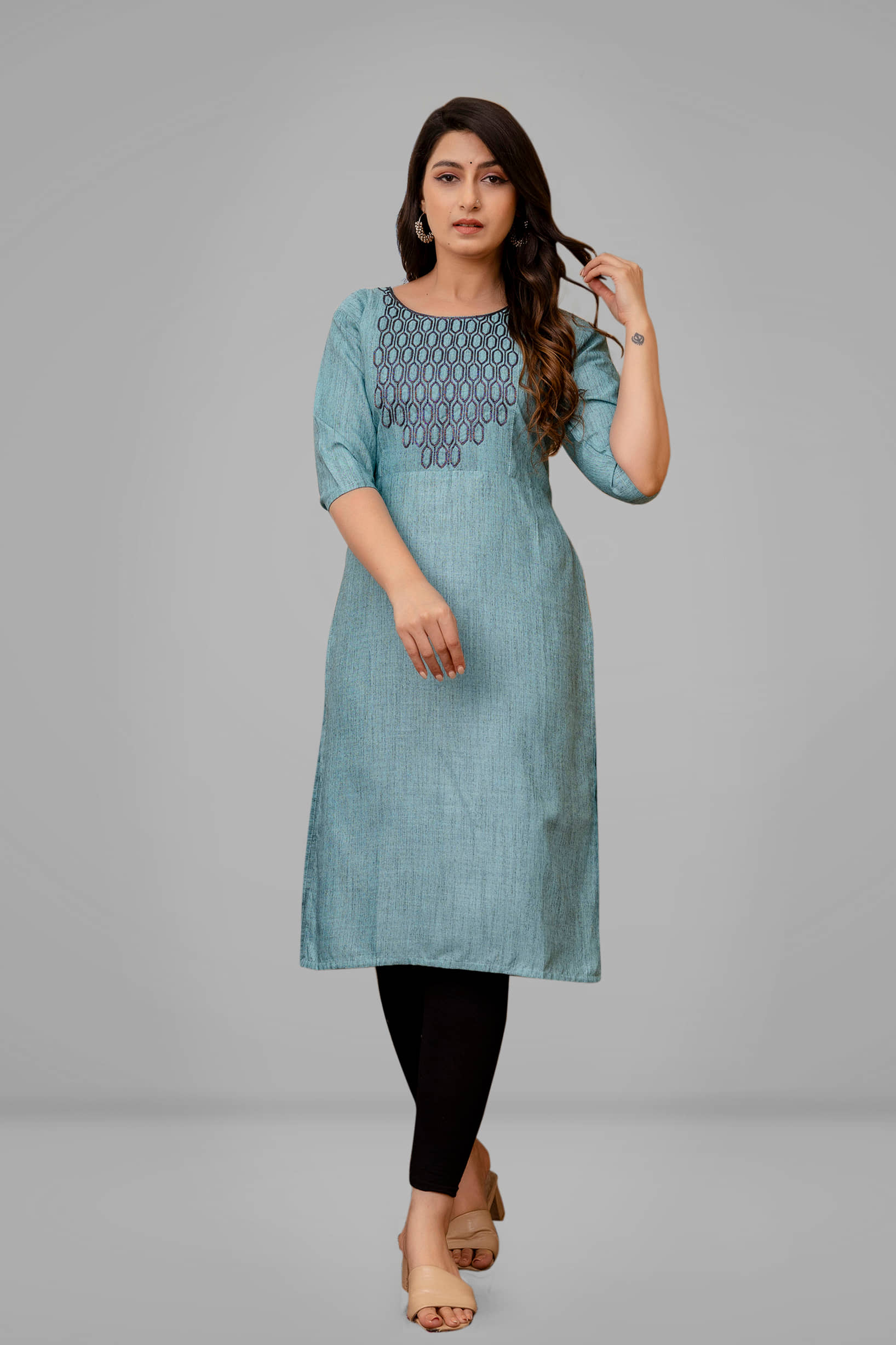 Parastri Cotton Embroidered Straight Women's Kurti - Blue ( Pack of 1 ) - Kurtis, Tunics | Buy online on ZillyBuy