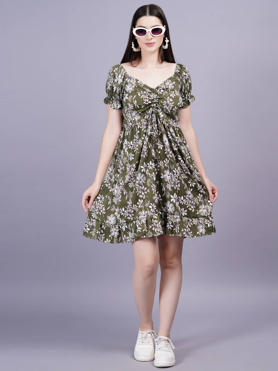 HIGHLIGHT FASHION EXPORT Women Rayon Printed Fit & Flare Dress ( Olive ) HIGHLIGHT FASHION EXPORT Women Rayon Printed Fit & Flare Dress ( Olive )