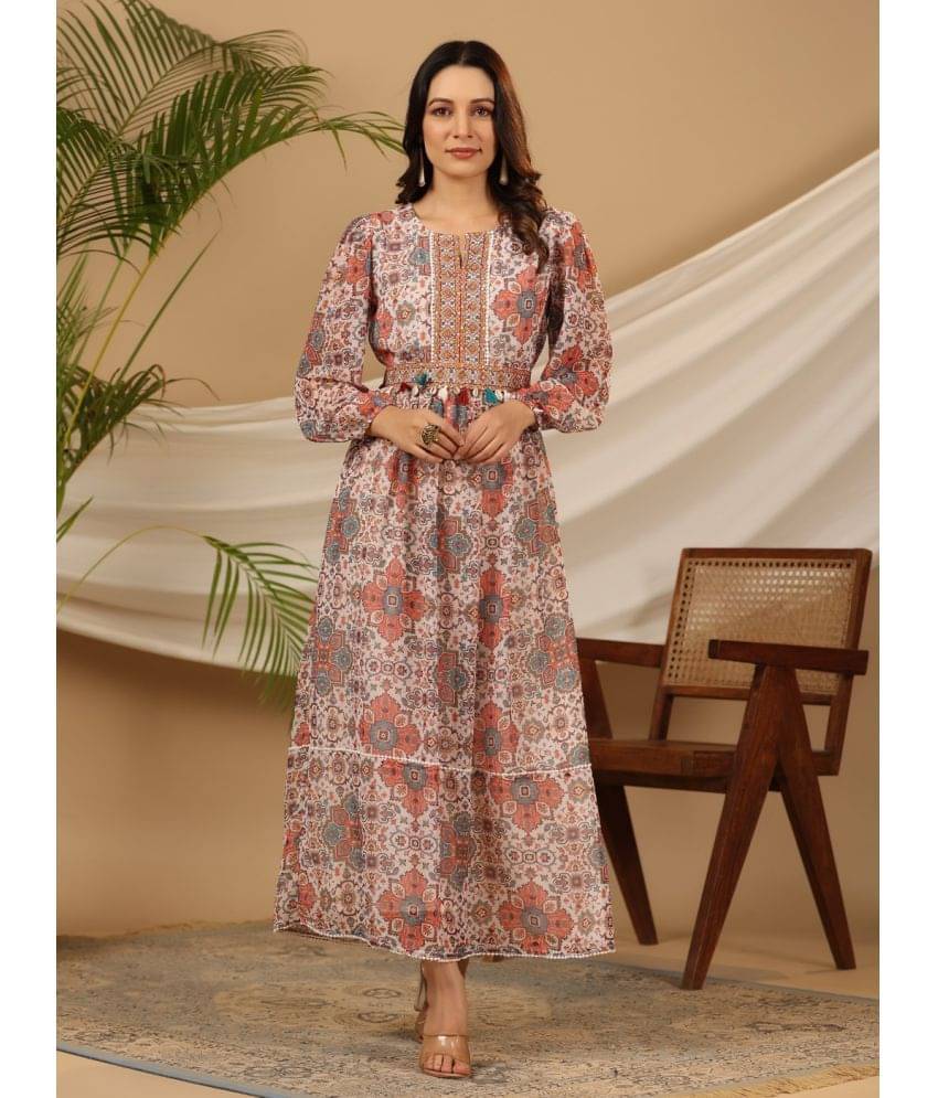     			Juniper Chiffon Printed Ankle Length Women's Fit & Flare Dress - Off White ( Pack of 1 )