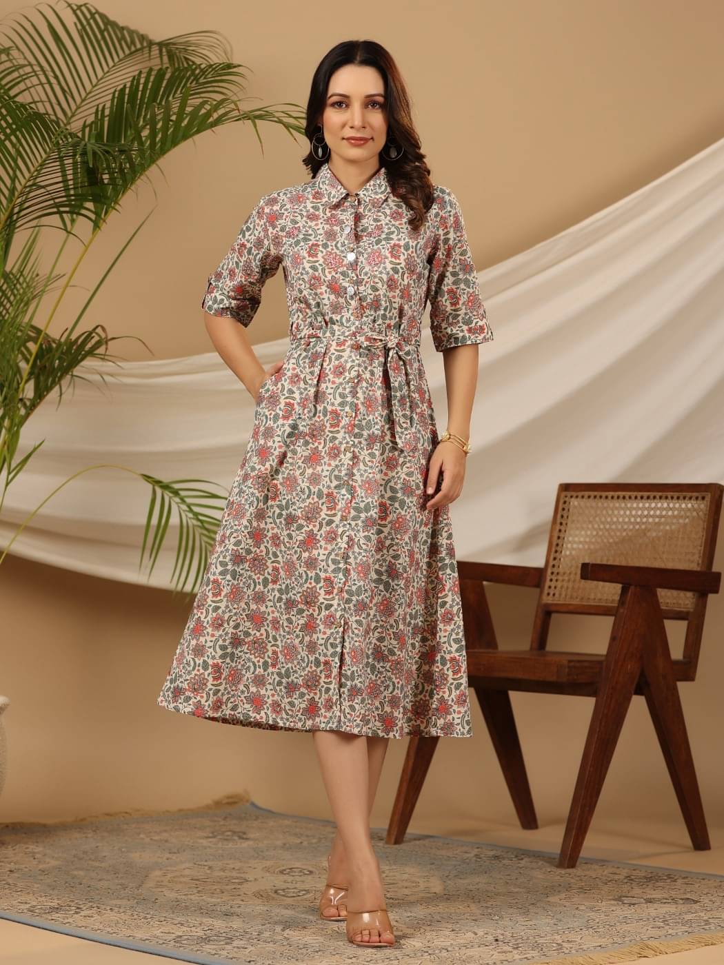    			Juniper Cotton Printed Midi Women's Fit & Flare Dress - Beige ( Pack of 1 )