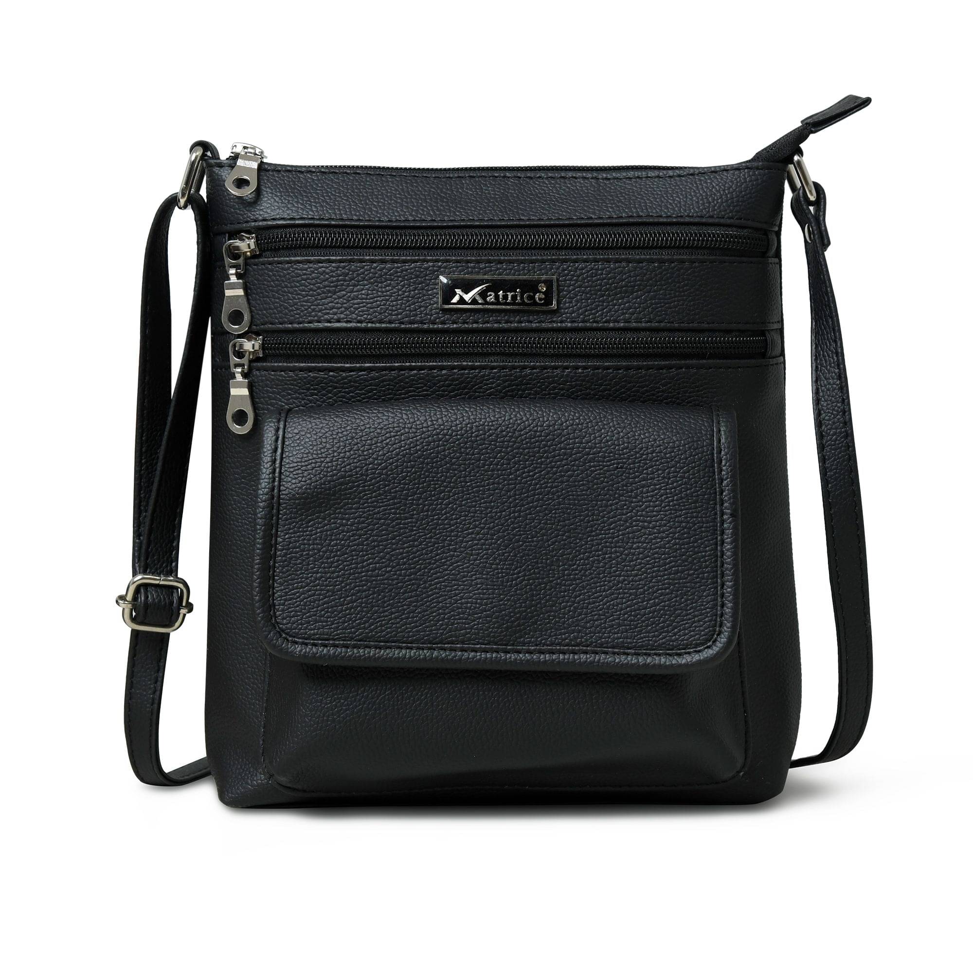     			MATRICE Black PU Sling Bag