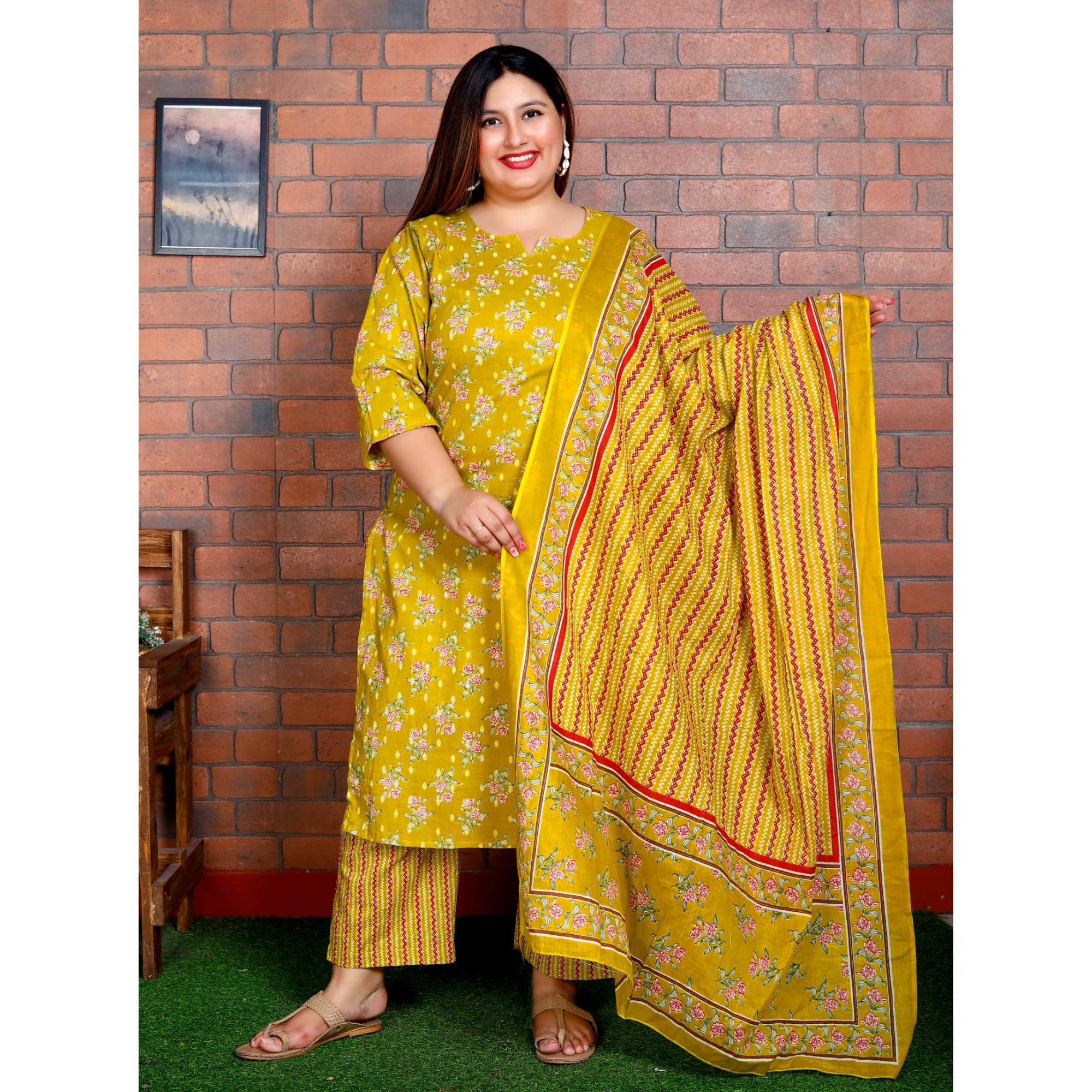 Swasti Women Cotton Printed Straight Kurti With Palazzo ( Yellow )