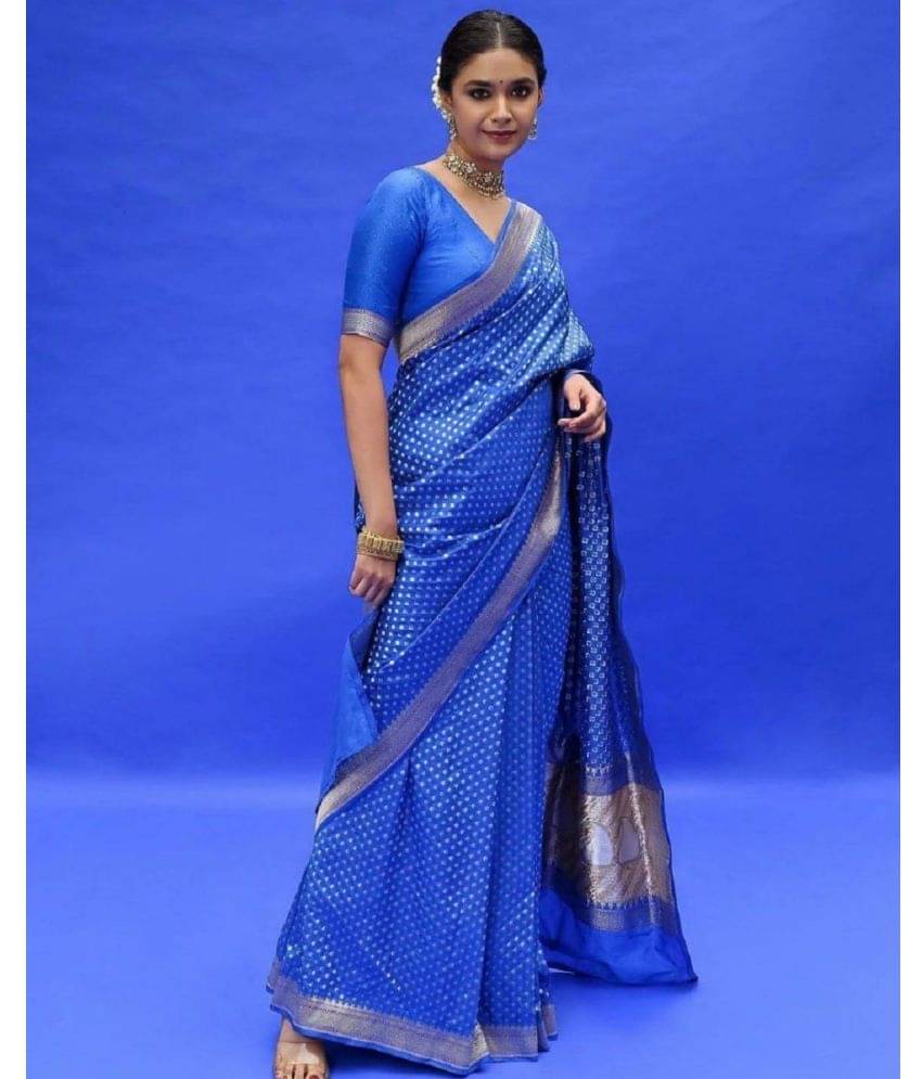     			Aika Banarasi Silk Solid Saree With Unstitched Blouse Piece ( Blue )
