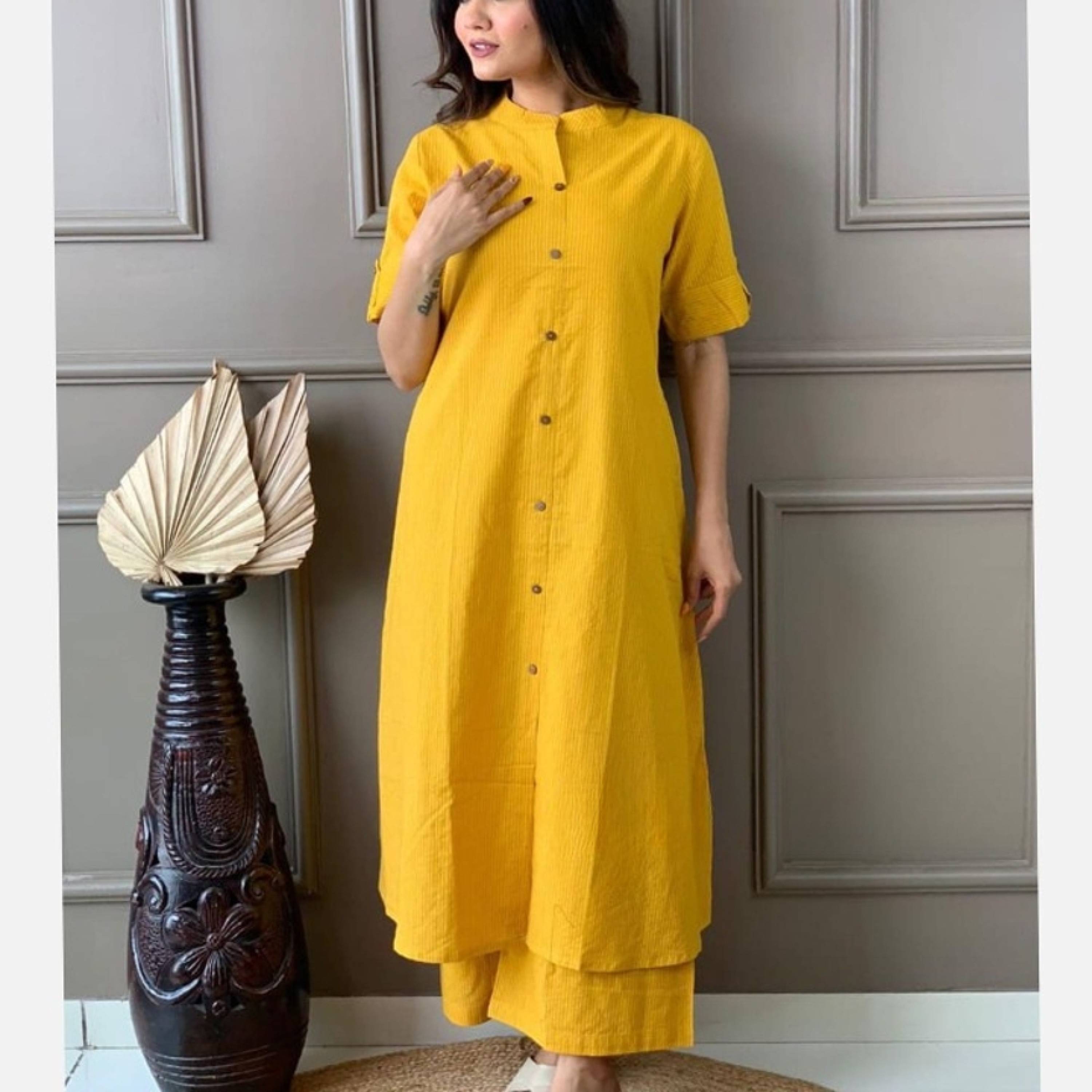 Angvarnika Cotton Self Design A-line Women's Kurti - Yellow ( Pack of 1 ) Angvarnika Cotton Self Design A-line Women's Kurti - Yellow ( Pack of 1 )