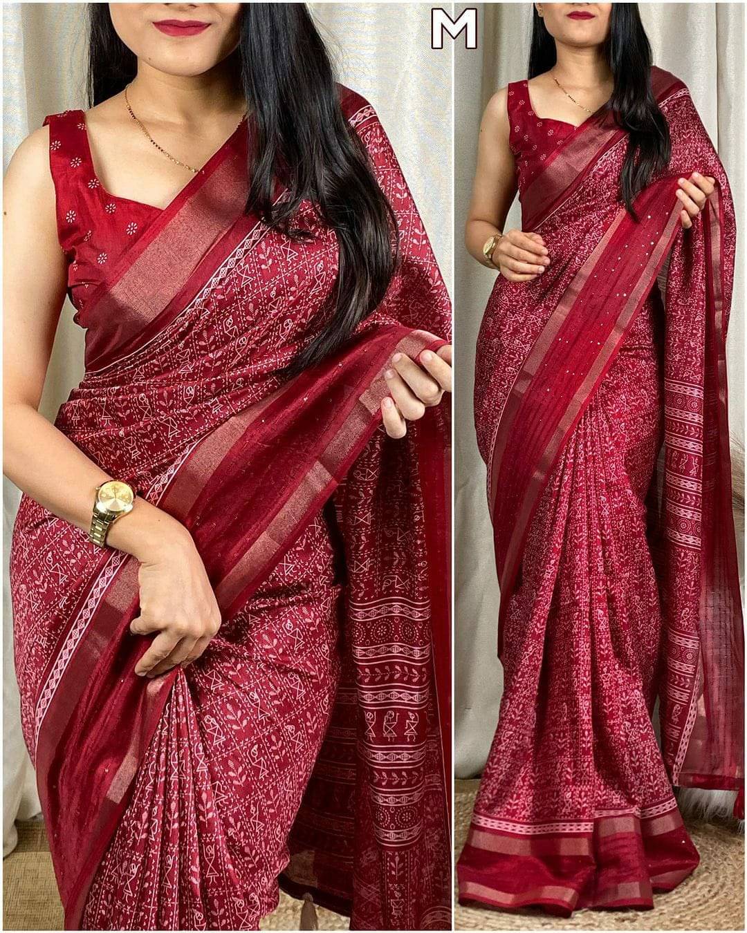     			Bhuwal Fashion Art Silk Printed Saree With Unstitched Blouse Piece ( Maroon )