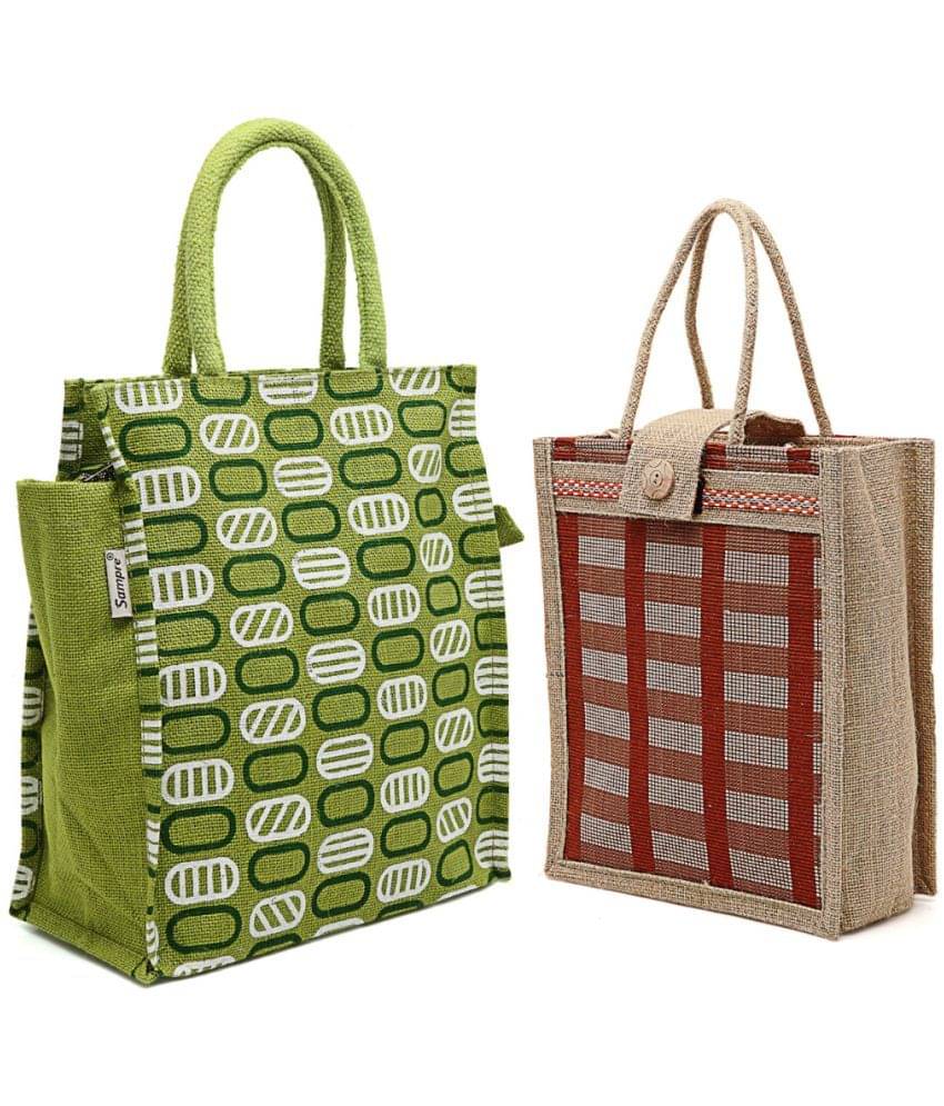     			ENSAC Handheld Jute Set of 2 ( Green )