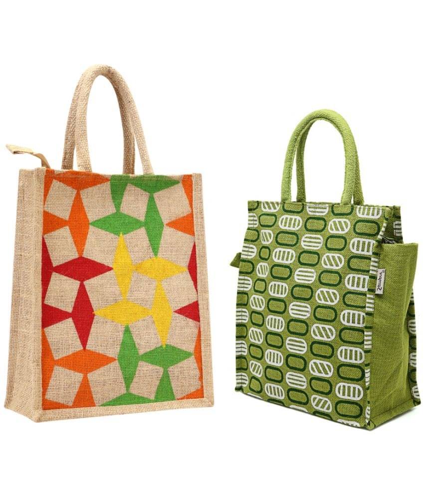     			ENSAC Handheld Jute Set of 2 ( Green )