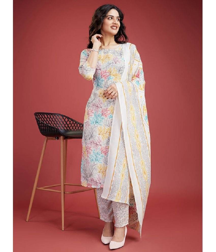     			Estela Cotton Blend Printed Kurti With Pants Women's Stitched Salwar Suit - White ( Pack of 1 )
