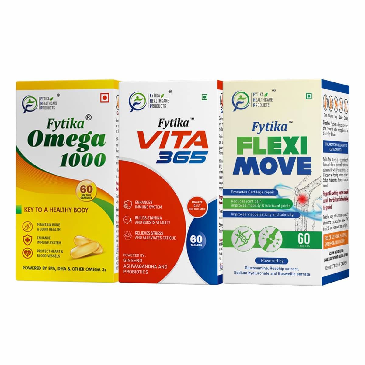     			Fytika Omega 1000 + Vita 365 + Flexi Move, Combo - (Pack of 3)