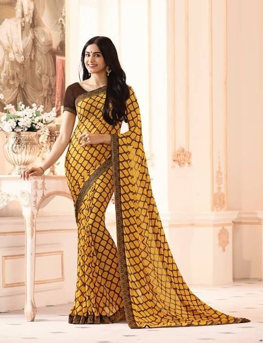 Gazal Fashions Georgette Printed Saree With Unstitched Blouse Piece ( Yellow ) - Sarees | Buy online on ZillyBuy