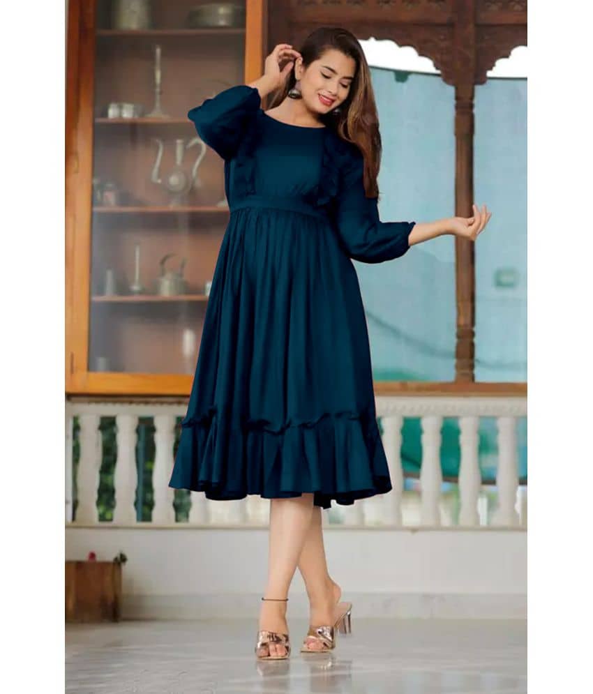 JASH CREATION Women Polyester Solid Fit & Flare Dress ( Blue )