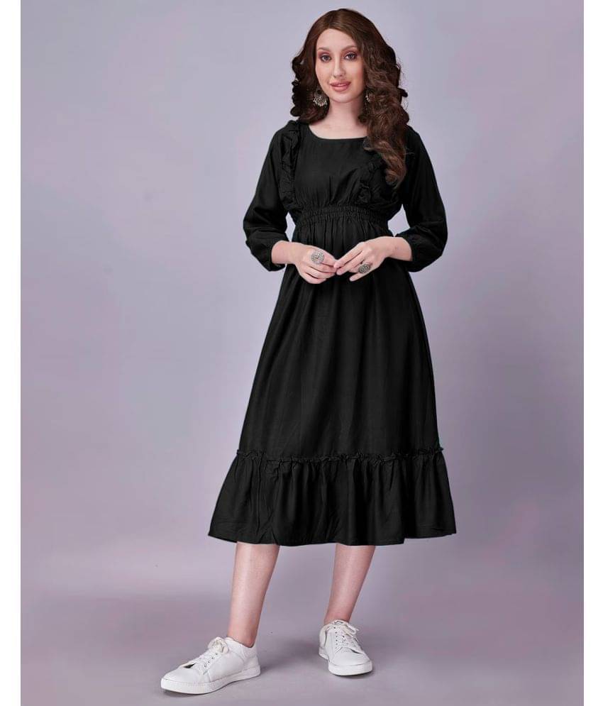 JASH CREATION Polyester solid Midi Women's Fit & Flare Dress - Black ( Pack of 1 ) JASH CREATION Polyester solid Midi Women's Fit & Flare Dress - Black ( Pack of 1 )