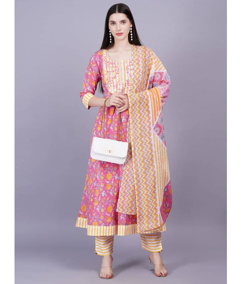 JC4U Cotton Printed Kurti With Pants Women's Stitched Salwar Suit - Pink ( Pack of 1 )