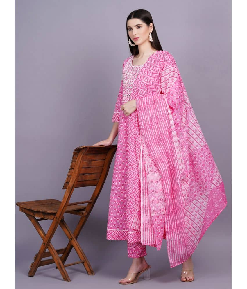 JC4U Cotton Printed Kurti With Pants Women's Stitched Salwar Suit - Pink ( Pack of 1 )