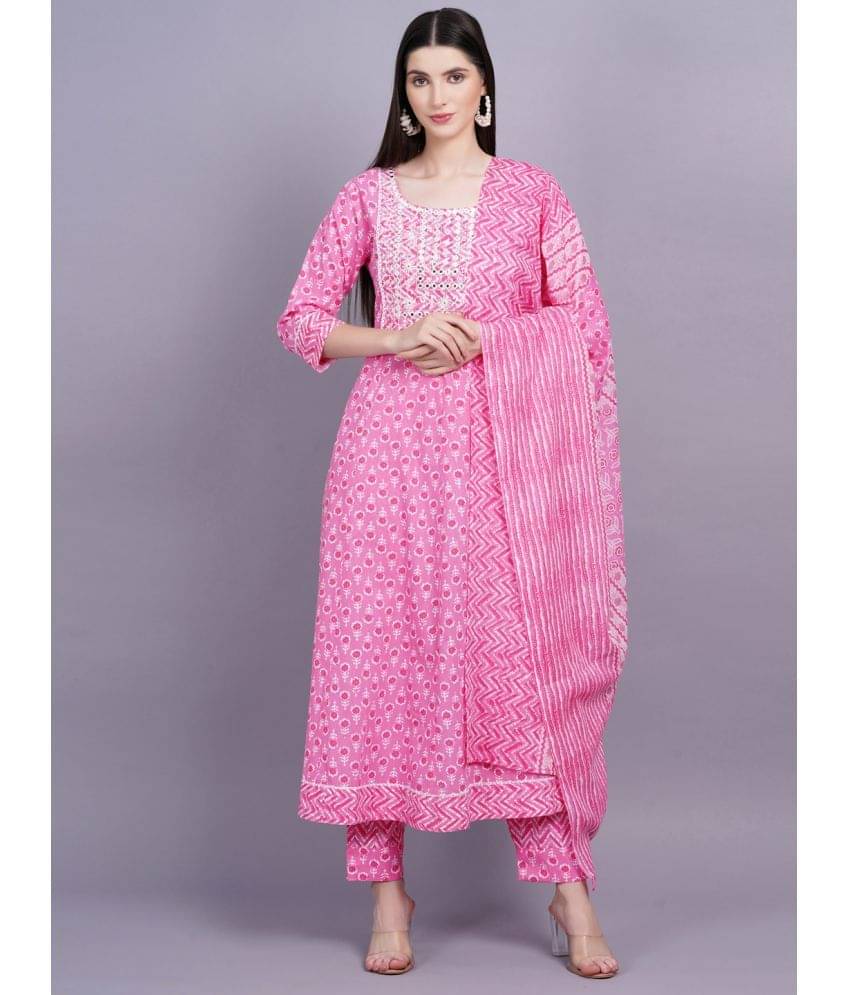     			JC4U Cotton Printed Kurti With Pants Women's Stitched Salwar Suit - Pink ( Pack of 1 )