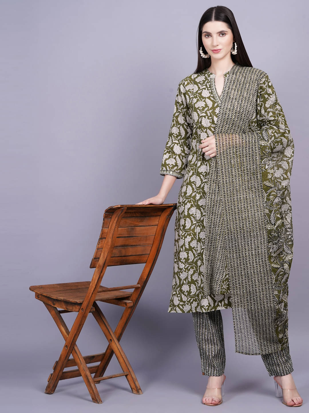     			JC4U Cotton Printed Kurti With Pants Women's Stitched Salwar Suit - Olive ( Pack of 1 )