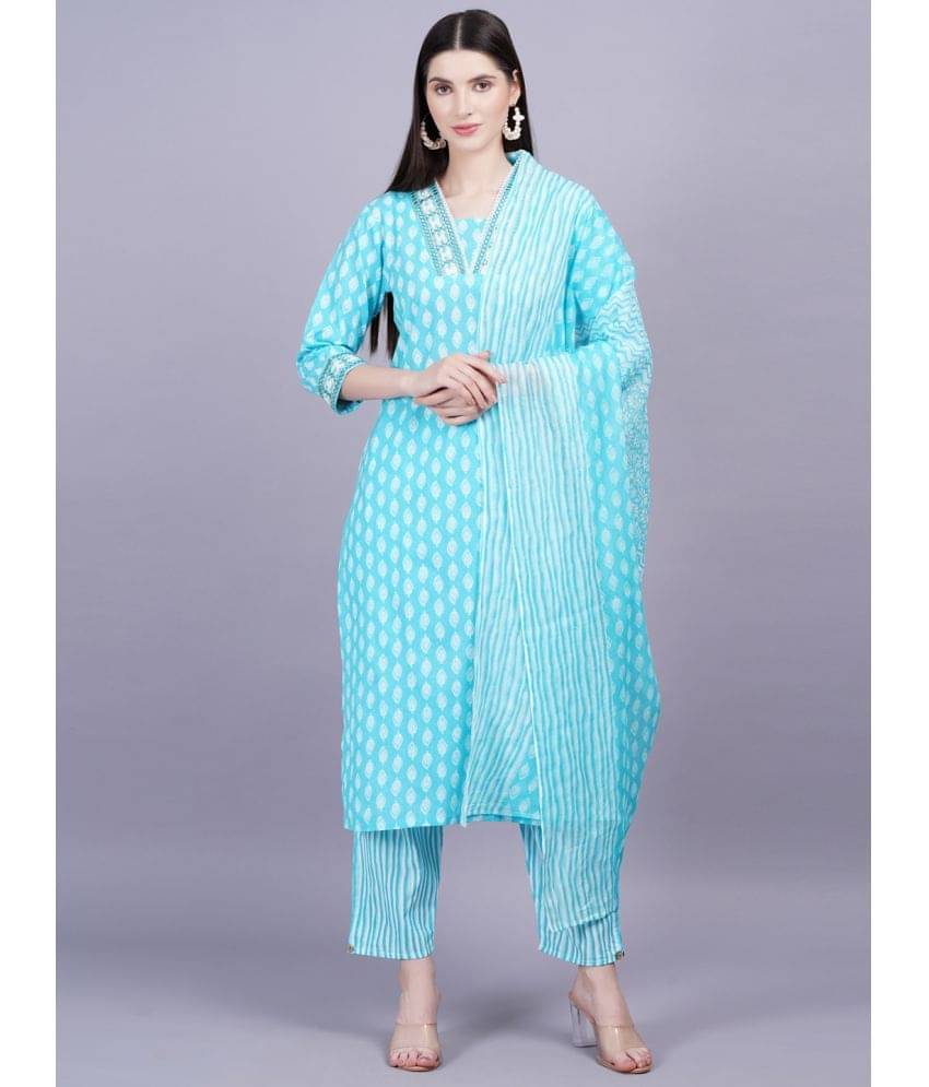 JC4U Cotton Printed Kurti With Pants Women's Stitched Salwar Suit - Light Blue ( Pack of 1 )     			JC4U Cotton Printed Kurti With Pants Women's Stitched Salwar Suit - Light Blue ( Pack of 1 )