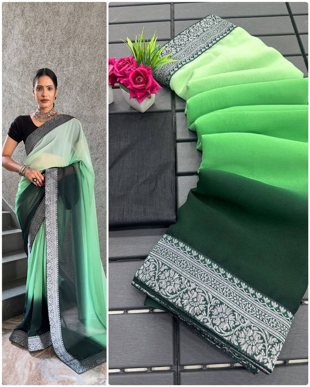     			JULEE Georgette Solid Saree With Unstitched Blouse Piece ( Green )
