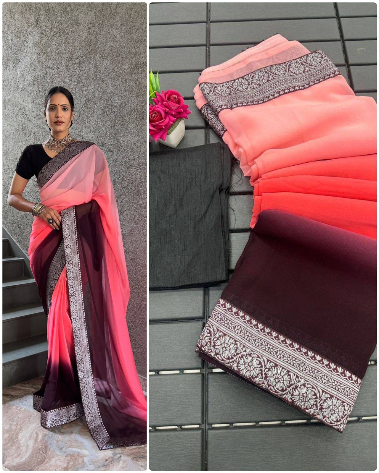 JULEE Georgette Solid Saree With Unstitched Blouse Piece ( Fluorescent Pink ) JULEE Georgette Solid Saree With Unstitched Blouse Piece ( Fluorescent Pink )