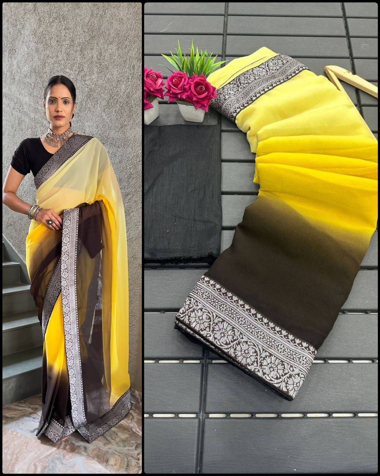 JULEE Georgette Solid Saree With Unstitched Blouse Piece ( Yellow ) JULEE Georgette Solid Saree With Unstitched Blouse Piece ( Yellow )