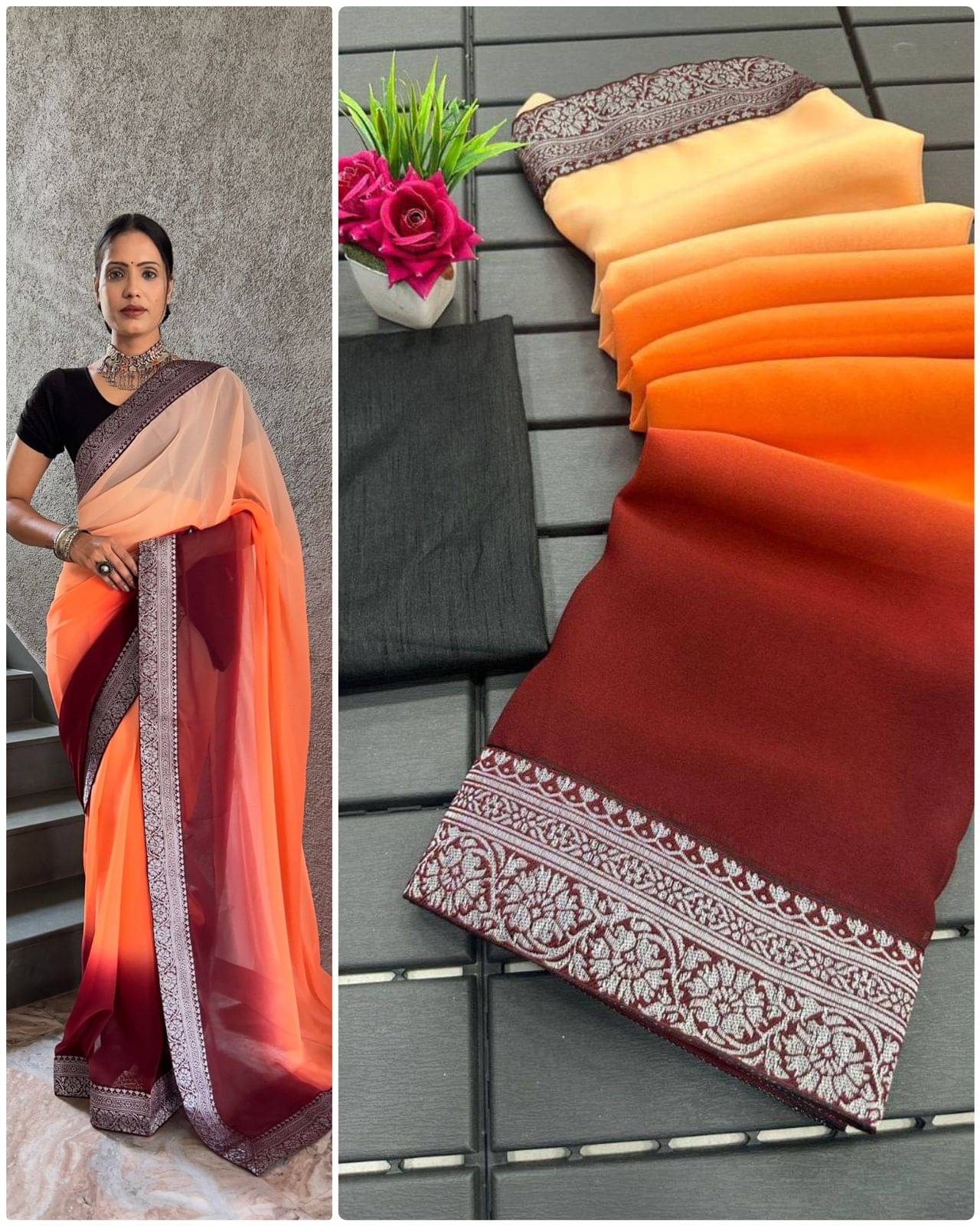 JULEE Georgette Solid Saree With Unstitched Blouse Piece ( Orange ) JULEE Georgette Solid Saree With Unstitched Blouse Piece ( Orange )