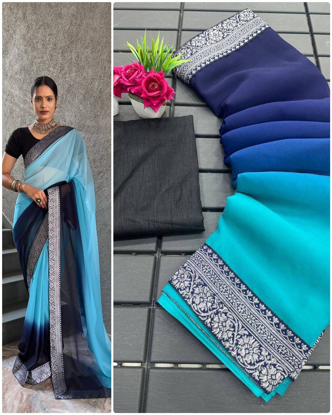 JULEE Georgette Solid Saree With Unstitched Blouse Piece ( Turquoise ) JULEE Georgette Solid Saree With Unstitched Blouse Piece ( Turquoise )