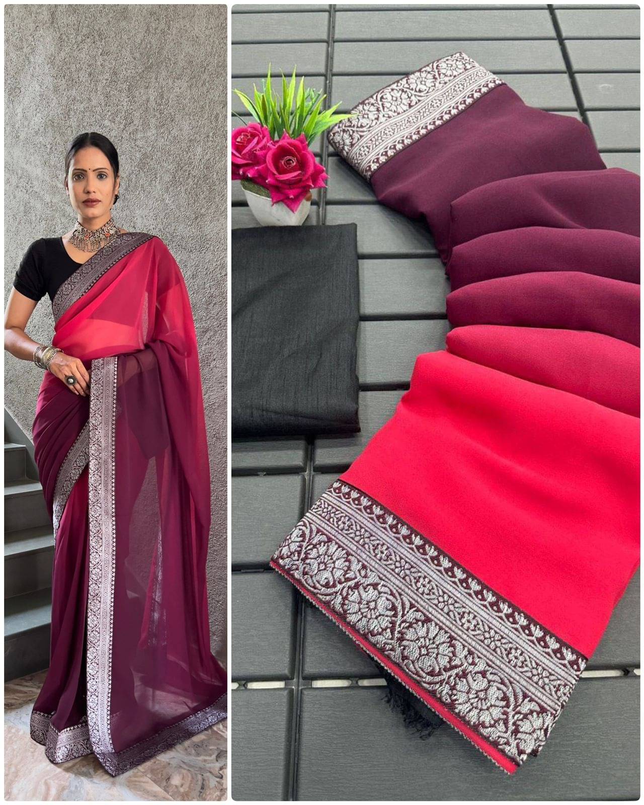 JULEE Georgette Solid Saree With Unstitched Blouse Piece ( Purple ) JULEE Georgette Solid Saree With Unstitched Blouse Piece ( Purple )