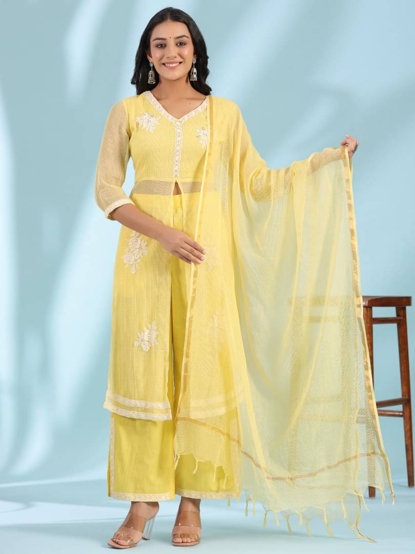Juniper Cotton Embroidered Kurti With Palazzo Women's Stitched Salwar Suit - Yellow ( Pack of 1 ) Juniper Cotton Embroidered Kurti With Palazzo Women's Stitched Salwar Suit - Yellow ( Pack of 1 )
