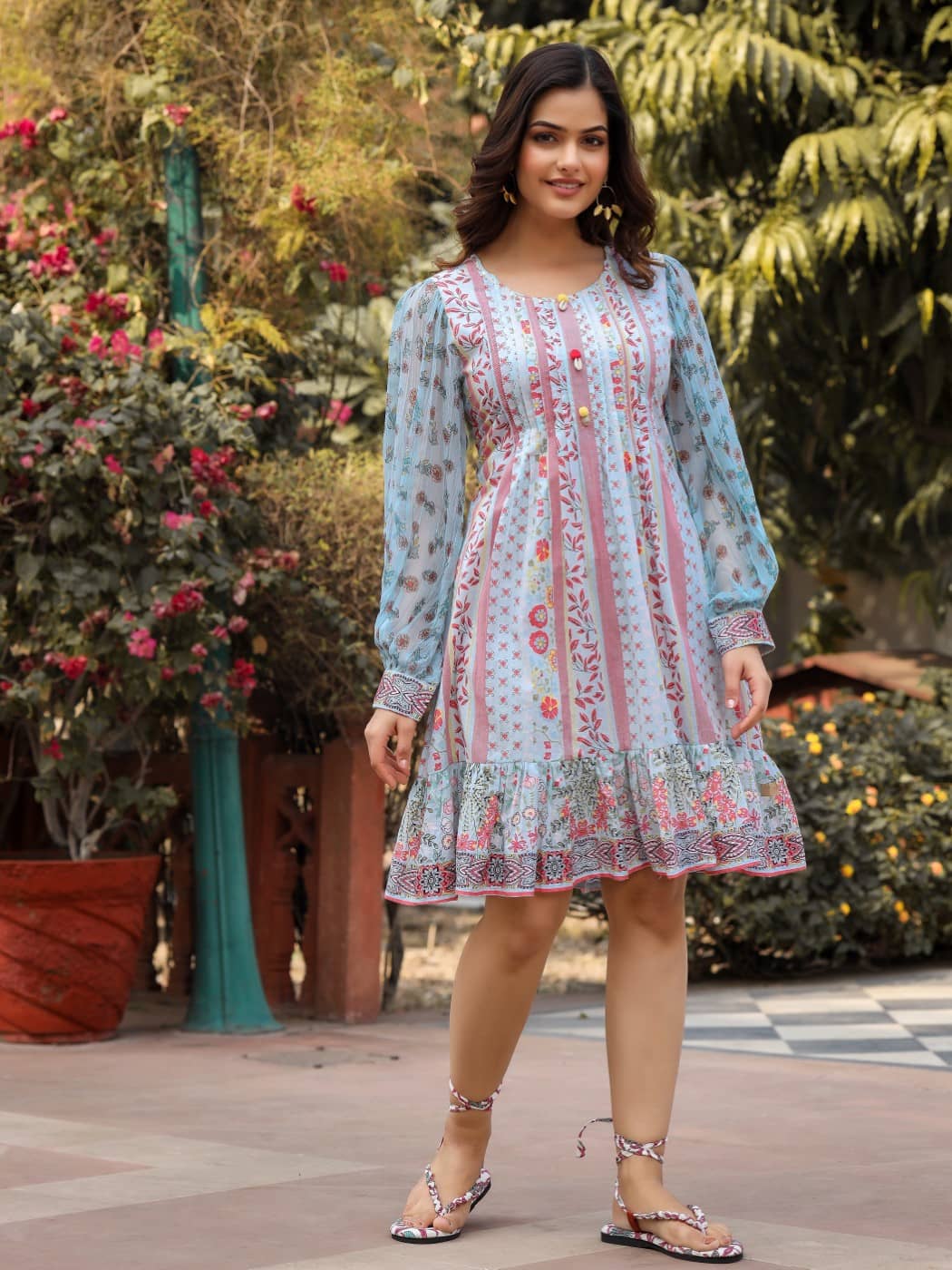 Juniper Women Cotton Printed A-line Dress ( Blue )