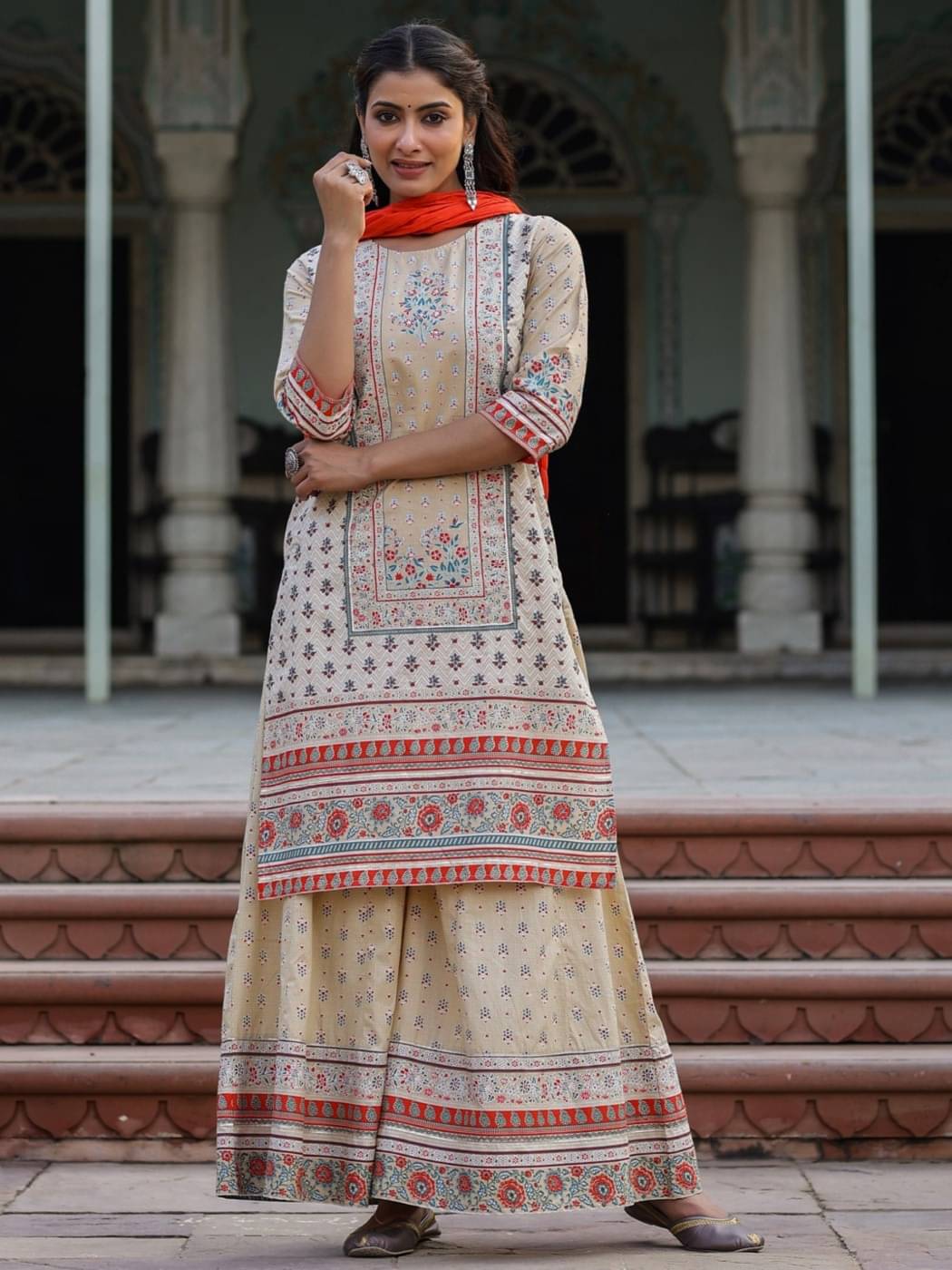 Juniper Cotton Printed Kurti With Sharara And Gharara Women's Stitched Salwar Suit - Beige ( Pack of 1 ) Juniper Cotton Printed Kurti With Sharara And Gharara Women's Stitched Salwar Suit - Beige ( Pack of 1 )