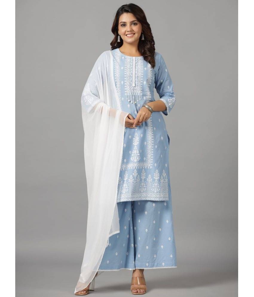     			Juniper Cotton Printed Kurti With Palazzo Women's Stitched Salwar Suit - Blue ( Pack of 1 )
