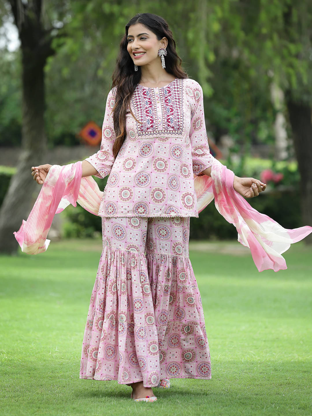     			Juniper Cotton Printed Kurti With Sharara And Gharara Women's Stitched Salwar Suit - Pink ( Pack of 1 )