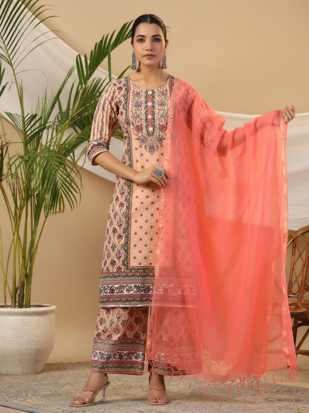     			Juniper Cotton Printed Kurti With Palazzo Women's Stitched Salwar Suit - Peach ( Pack of 1 )