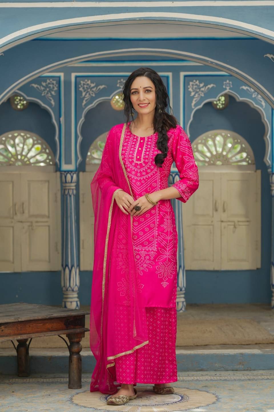     			Juniper Satin Printed Kurti With Palazzo Women's Stitched Salwar Suit - Pink ( Pack of 1 )