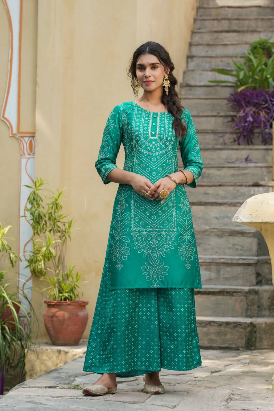    			Juniper Silk Blend Printed Kurti With Palazzo Women's Stitched Salwar Suit - Teal ( Pack of 1 )