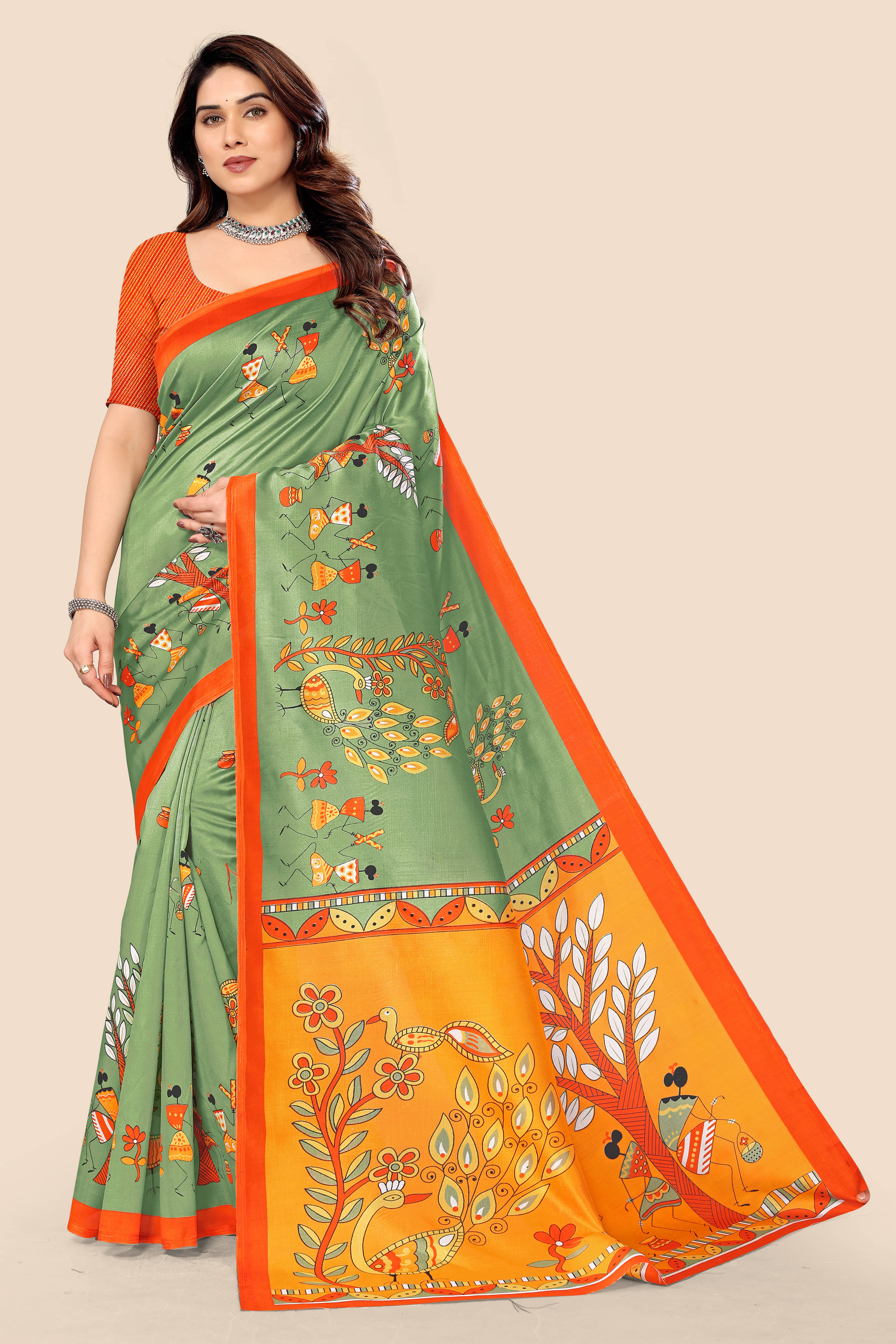     			Kanooda Prints Art Silk Printed Saree With Unstitched Blouse Piece ( Green )