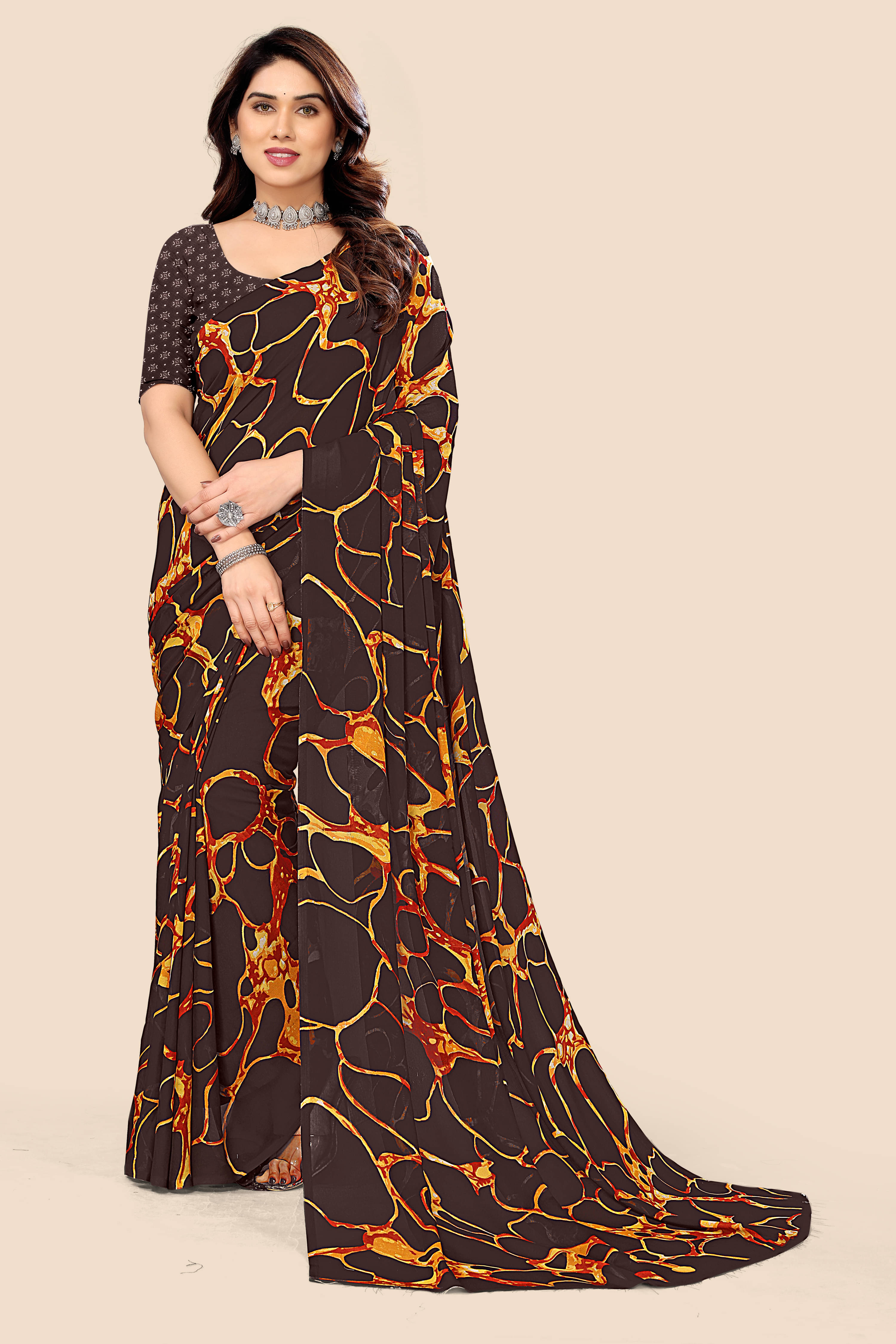     			Kanooda Prints Georgette Printed Saree With Unstitched Blouse Piece ( Brown )