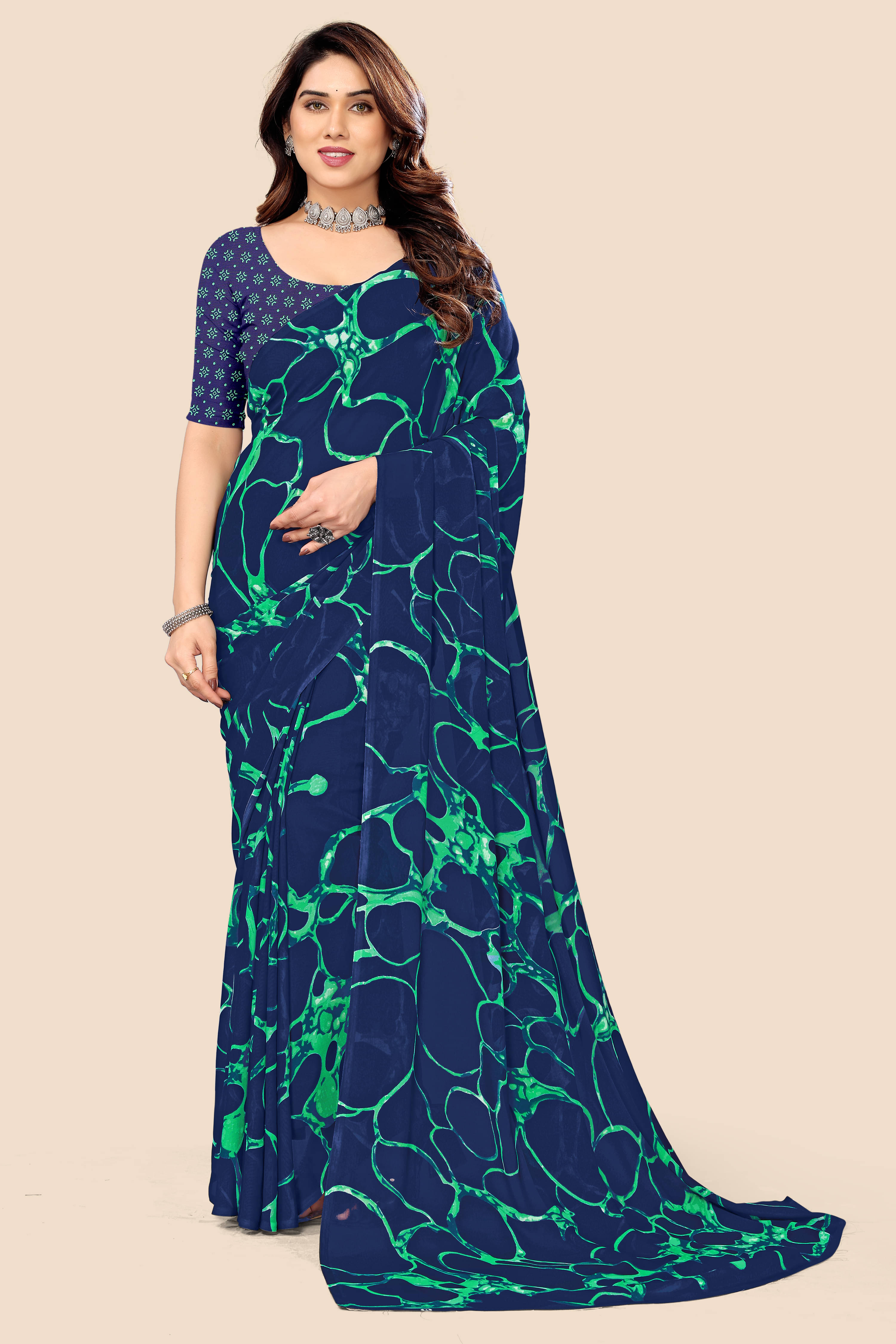     			Kanooda Prints Georgette Printed Saree With Unstitched Blouse Piece ( Navy Blue )
