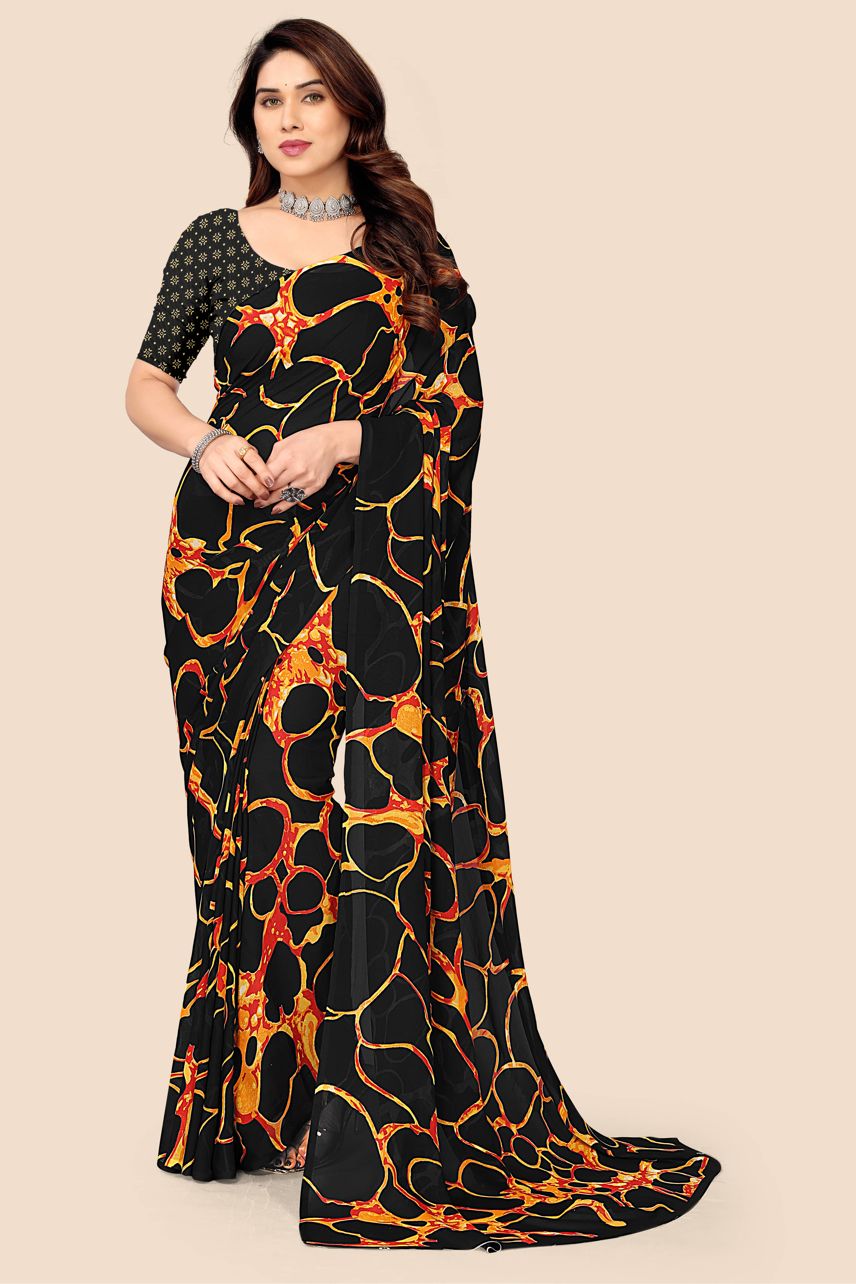     			Kanooda Prints Georgette Printed Saree With Unstitched Blouse Piece ( Black )